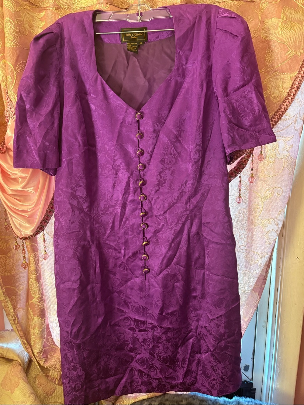 Vintage 100% Silk Purple Jacquard Dress Size 16 Petite Elegant Button Front